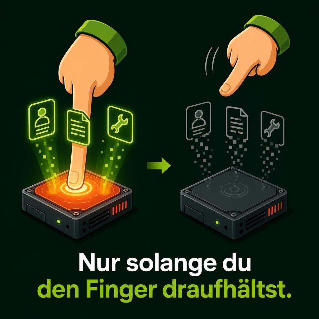 Ein Finger hält eine glühende Festplatte am Laufen, deren Datensymbole verblassen sobald der Finger sich hebt, Sinnbild für Betriebswissen ohne Backup