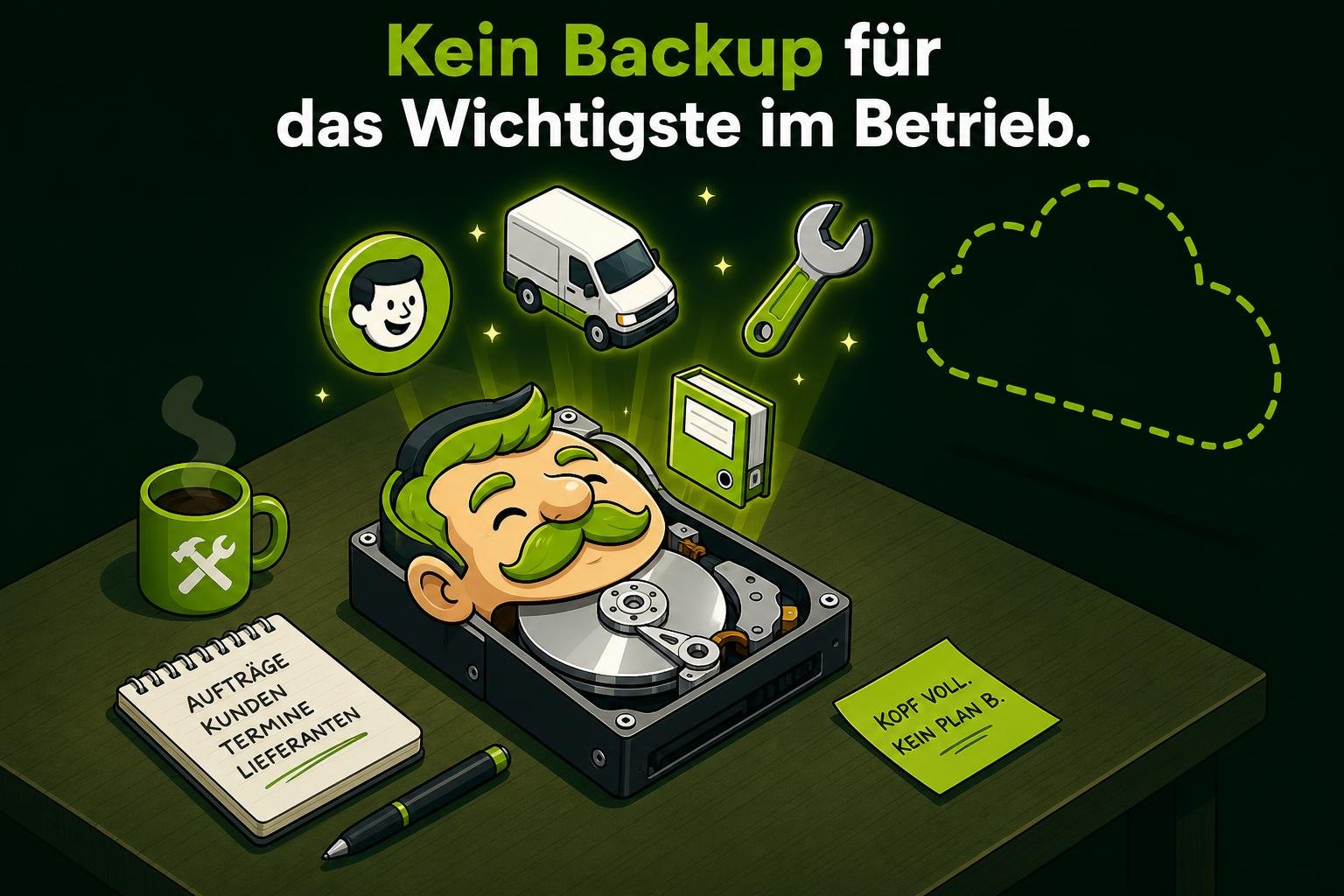 Handwerker-Kopf als offene Festplatte ohne Backup, daneben eine leere gestrichelte Cloud
