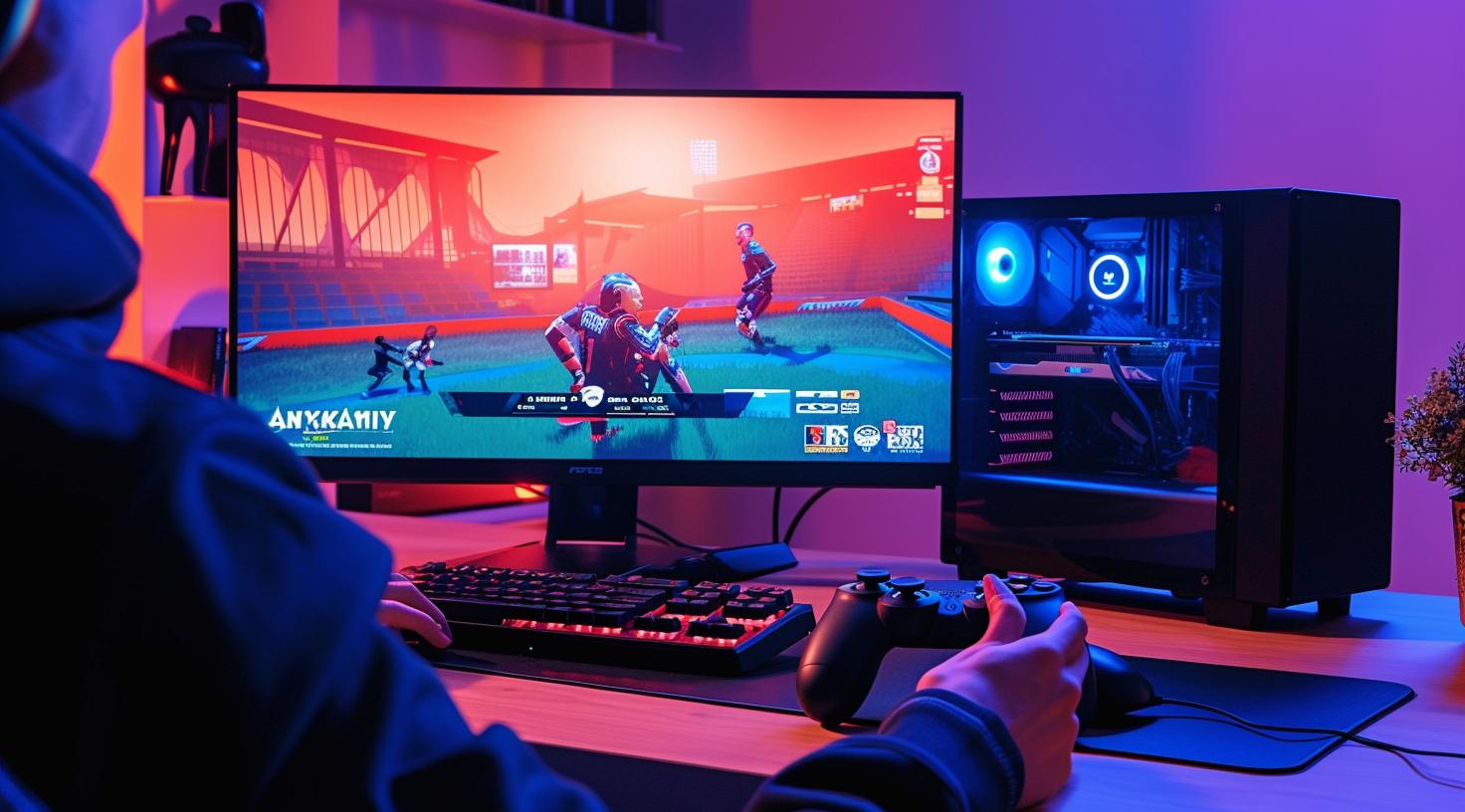 Spieler am Schreibtisch vor Monitor mit Spielszene, Gaming-Tastatur und Controller, daneben ein PC-Gehäuse mit blauer Beleuchtung