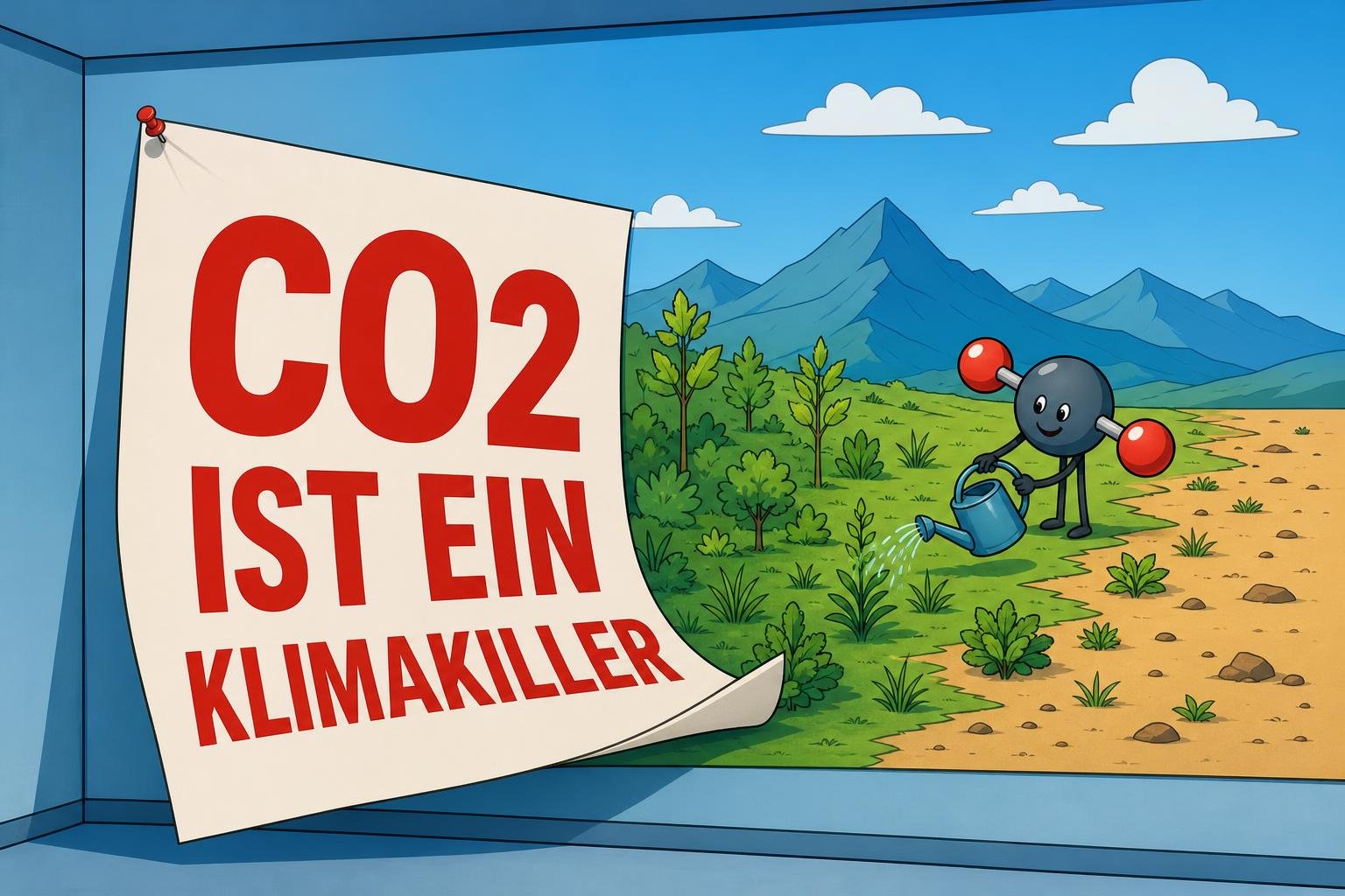 Plakat „CO2 ist ein Klimakiller“ hängt schief an der Wand, dahinter ergrünt die Wüste und ein CO2-Molekül gießt Pflanzen