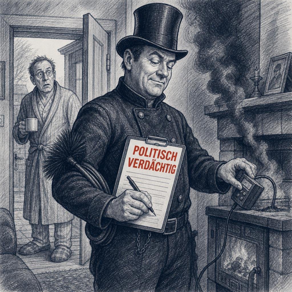 Karikatur: Schornsteinfeger betritt ungeklingelt ein Wohnzimmer und notiert "politisch verdächtig", der Bewohner steht erschrocken im Türrahmen.