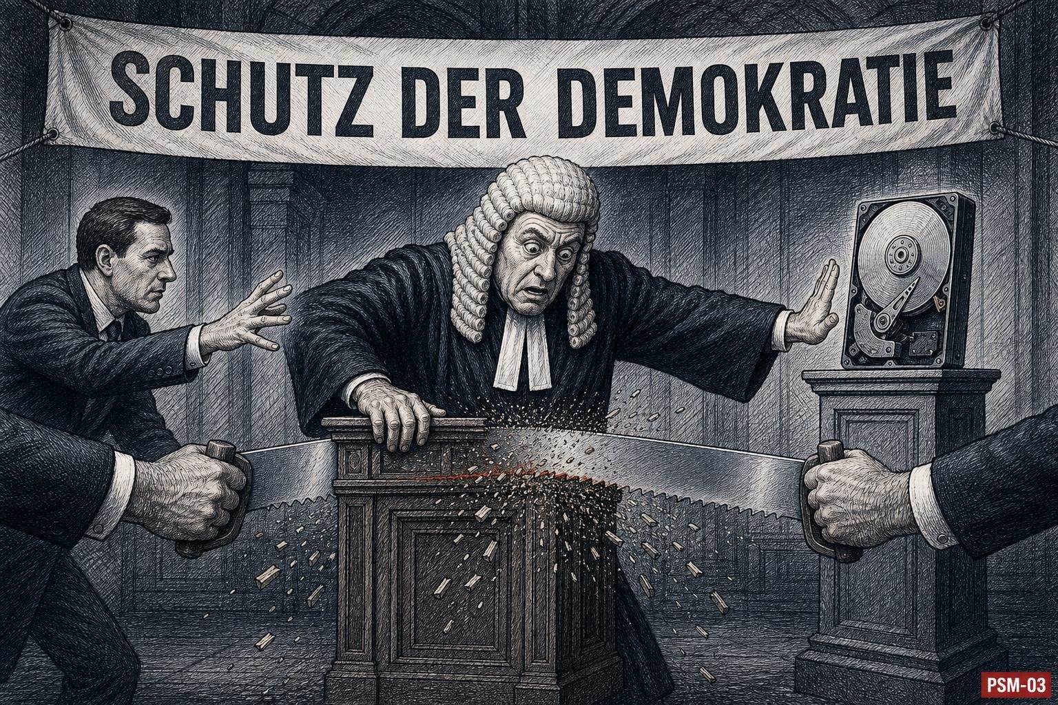 Karikatur: Zwei Regierungsarme sägen einen Richter durch, der zwischen einem Beamten und einer Festplatte steht, darüber das Banner "Schutz der Demokratie".