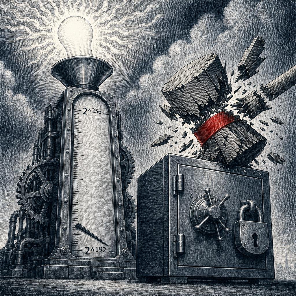 Karikatur: Sonnengetriebener Energiezähler erreicht nur 2^192 statt 2^256, daneben zerschellt ein Hammer an einem unversehrten Tresor.