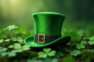 ai generated, st patrick's day, hat, four leaf clover, green, happiness, lucky charm, cylinder, background, irish, ireland