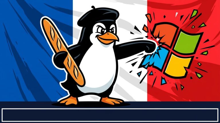 Tux mit Barret und Baguette schlägt MS